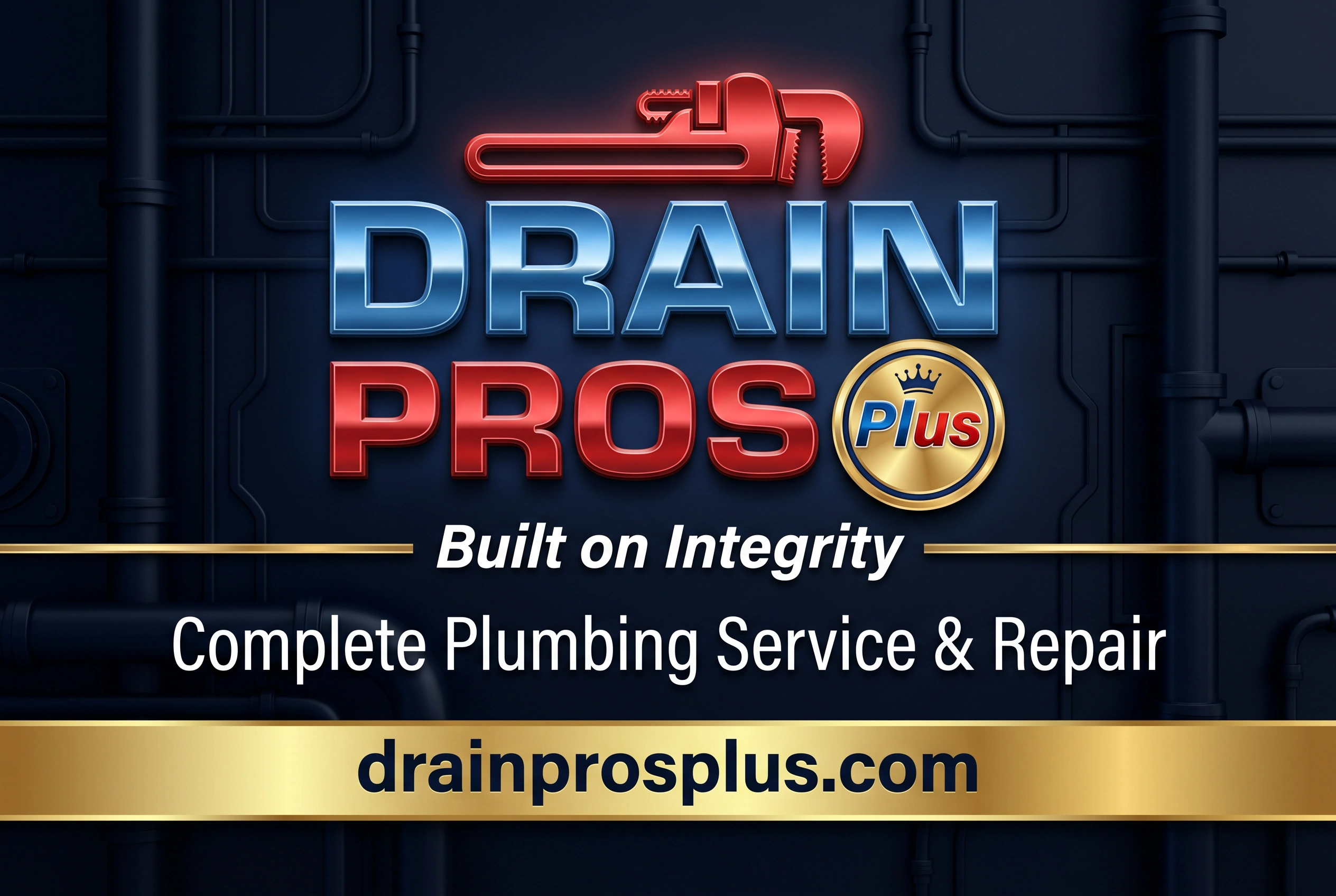 Drain Pros Plus brand artwork with its red wrench, blue-and-red wordmark, Built on Integrity tagline, and Complete Plumbing Service and Repair message